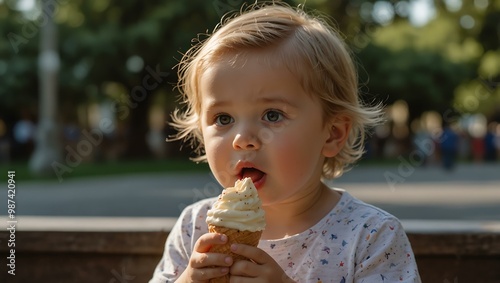 Serene toddler enjoying ice cream, capturing fleeting moments.