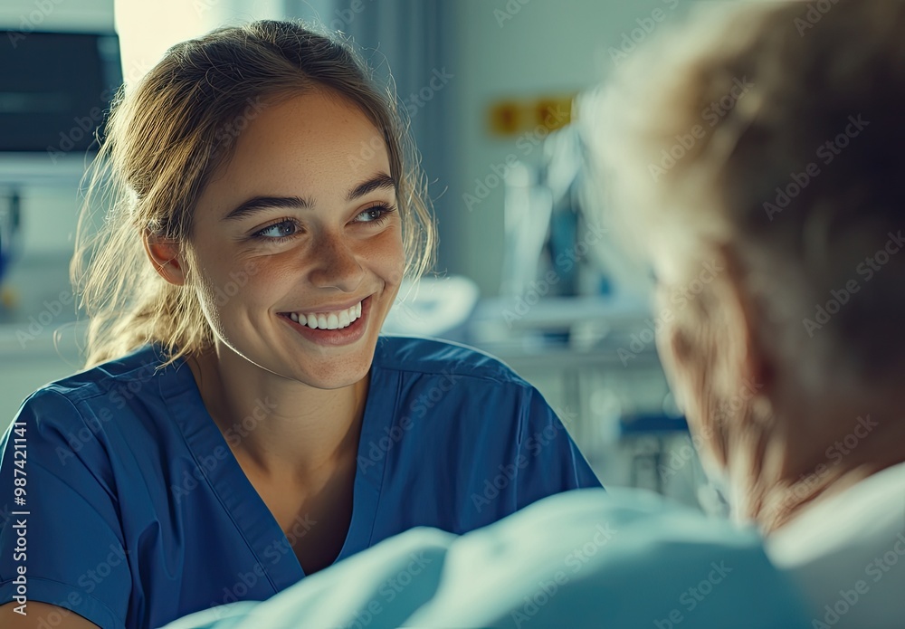 A healthcare professional smiling while interacting with a patient in a medical setting. A healthcare professional smiling while interacting with a patient in a medical setting.