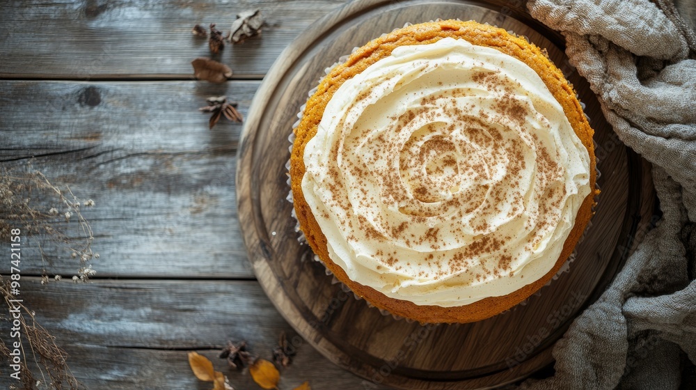Top view of a seasonal pumpkin spice cake with cream cheese frosting and a sprinkle of cinnamon, served on a rustic wooden table. Top view of a seasonal pumpkin spice cake with cream cheese frosting and a sprinkle of cinnamon, served on a rustic wooden table.