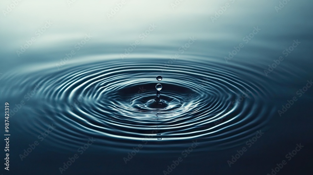 Top view of a single water droplet creating ripples on a flat surface, with ample blank space surrounding it for copy or branding. Top view of a single water droplet creating ripples on a flat surface, with ample blank space surrounding it for copy or branding.
