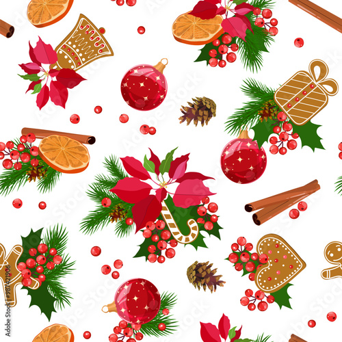 Elegant seamless pattern with parts of winter plants - poinsettia, holly, Christmas balls, cinnamon, gingerbread. For decoration wrapping paper, textile print. Vector illustration.