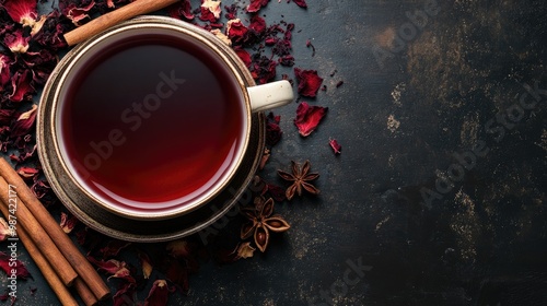 Top view of a teacup with hibiscus tea, surrounded by dried hibiscus petals and cinnamon sticks on a dark, rustic table. photo