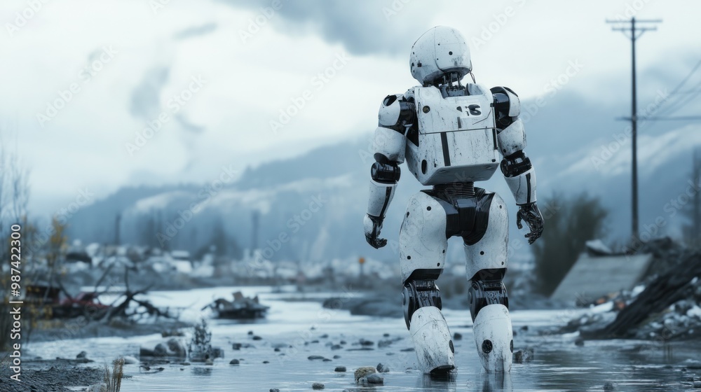 AI robots responding to natural disasters like earthquakes and floods, assisting with evacuation efforts and delivering aid to survivors AI robots responding to natural disasters like earthquakes and floods, assisting with evacuation efforts and delivering aid to survivors