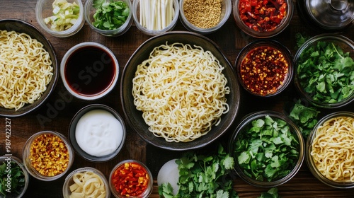 An inviting display of noodles served with an assortment of condiments, such as soy sauce, chili oil, and fresh herbs, encouraging viewers to customize their dish.