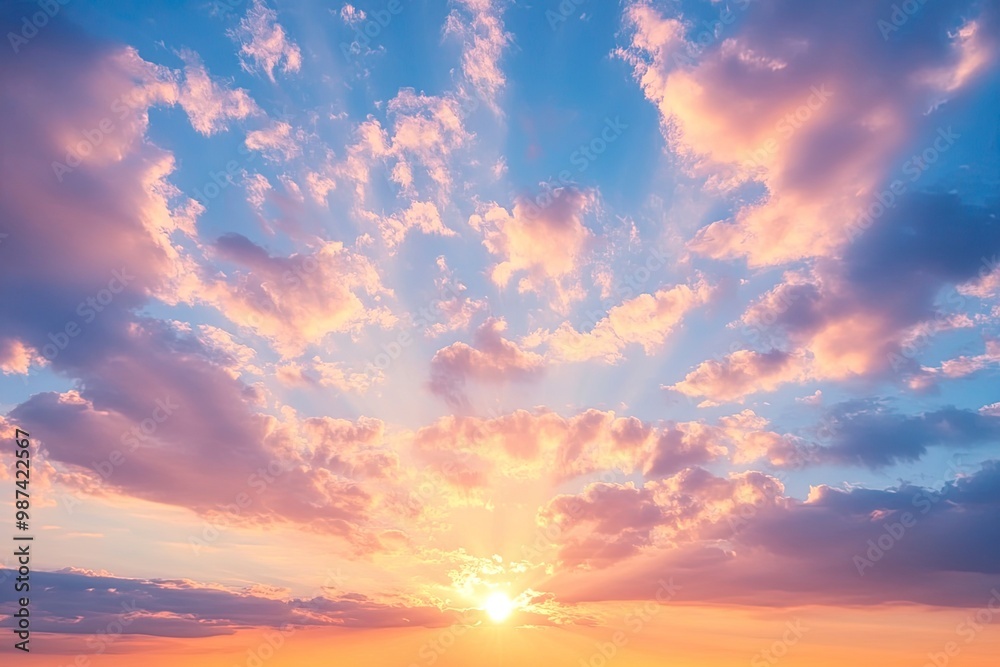 Fototapeta premium Real majestic sunrise sundown sky background with gentle colorful clouds without birds. Panoramic, generative ai