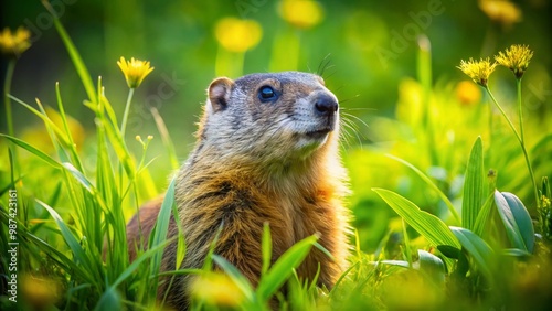 A Curious Woodchuck foraging in a lush green meadow during a sunny day in a natural habitat