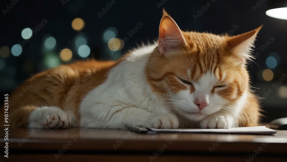 Sleepy orange and white cat on a desk at night. Sleepy orange and white cat on a desk at night.