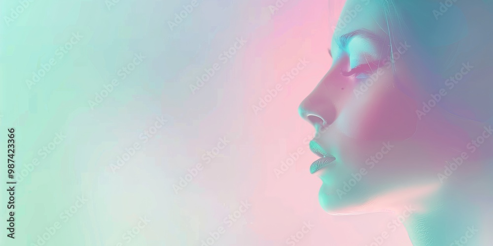 Abstract background with a girl's face and pastel gradient, soft pink, blue, and green tones, blurred texture, minimalistic design, calming colors, smooth transitions.