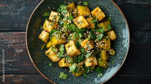 Top view of a vibrant dish featuring bitter gourd stir-fried with tofu, garnished with sesame seeds and herbs on a dark wooden surface.