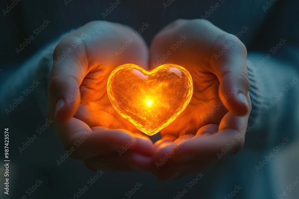 Hands holding glowing heart, symbol of love and care. Hands holding glowing heart, symbol of love and care.