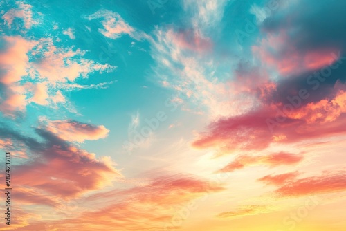 Real majestic sunrise sundown sky background with gentle colorful clouds without birds. Panoramic, generative ai