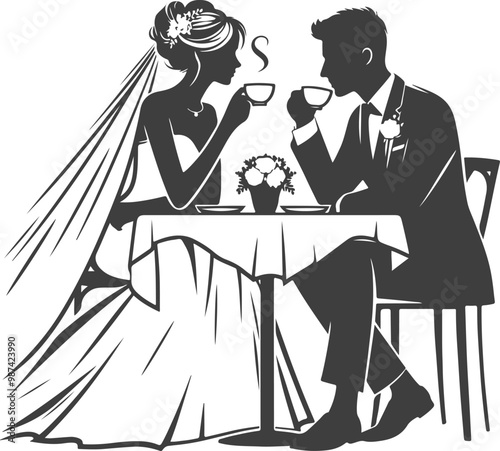 Wedding husband and wife are sitting at the table and drinking coffee silhouette vector design