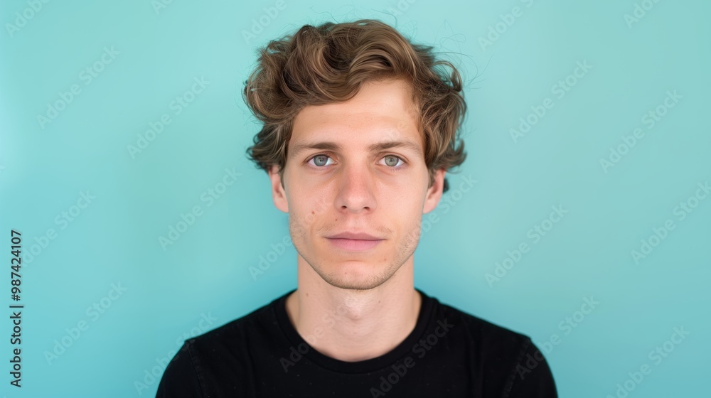 Fototapeta premium Young European Man in Black Shirt Against Teal Background