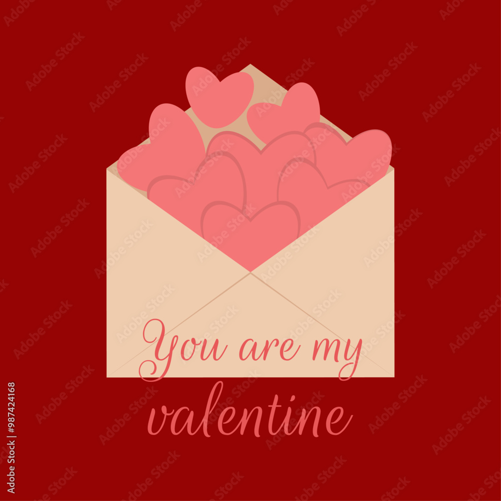 Happy Valentine's Day card. Beige craft envelope with pink hearts. Text you are my valentine on red background. Vector illustration. Bright valentine. Festive square background. Modern design. Happy Valentine's Day card. Beige craft envelope with pink hearts. Text you are my valentine on red background. Vector illustration. Bright valentine. Festive square background. Modern design.