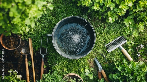 Top view of an outdoor garden tap with water flowing into a small bucket, surrounded by green grass and gardening tools photo