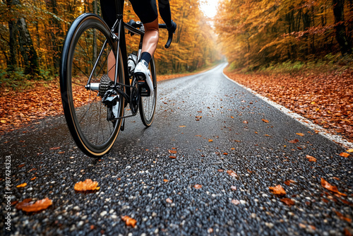 Fototapeta Naklejka Na Ścianę i Meble -  Close-up of a cyclist riding on a wet forest road covered with autumn leaves. Focus on the bicycle and road surface during fall season