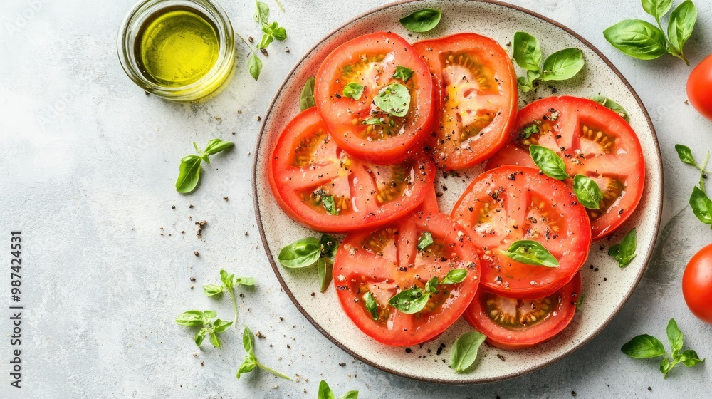 Top view of sliced tomatoes arranged in a circular pattern on a plate, garnished with fresh herbs and olive oil. Top view of sliced tomatoes arranged in a circular pattern on a plate, garnished with fresh herbs and olive oil.