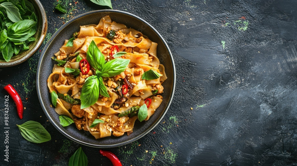 Top view of Thai Pad Kee Mao with wide rice noodles, vegetables, and spicy sauce, garnished with fresh basil leaves and chili slices. - Top view of Thai Pad Kee Mao with wide rice noodles, vegetables, and spicy sauce, garnished with fresh basil leaves and chili slices. -