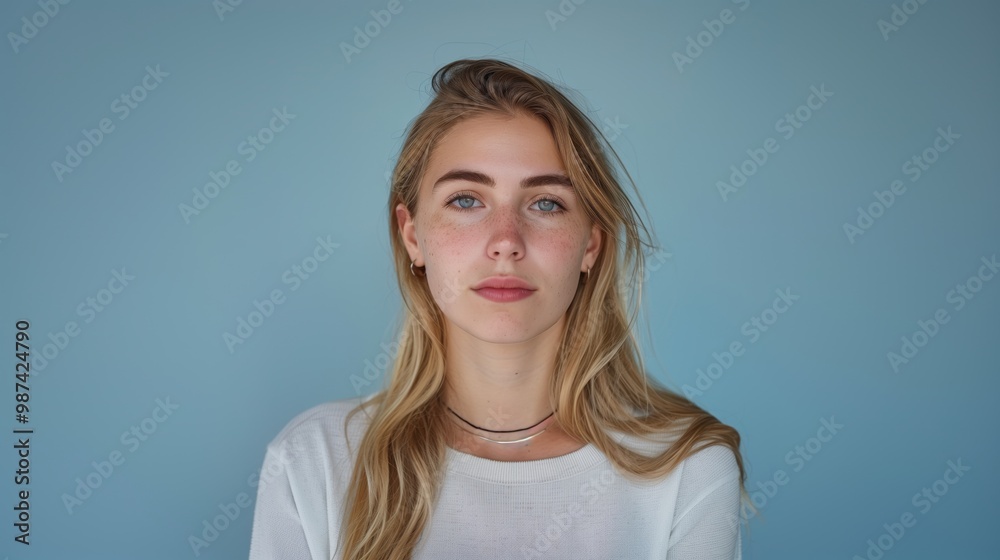 Portrait of a Young Woman with Natural Beauty on Light Blue Background Portrait of a Young Woman with Natural Beauty on Light Blue Background