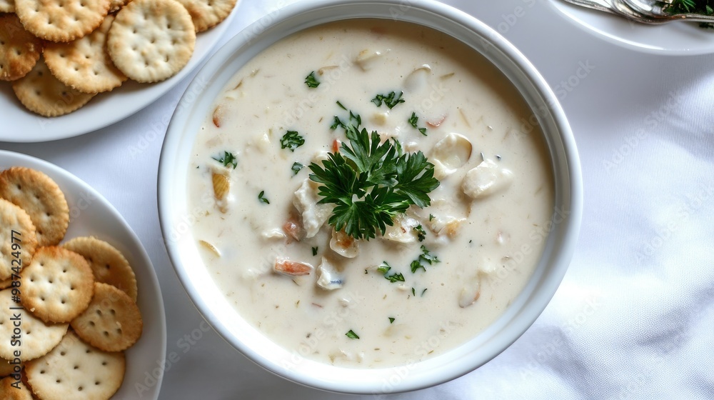 Top-down view of a bowl of creamy clam chowder with a garnish of parsley, served with oyster crackers on a white tablecloth. Top-down view of a bowl of creamy clam chowder with a garnish of parsley, served with oyster crackers on a white tablecloth.