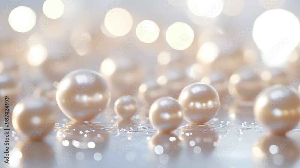 Pearls of varying sizes scattered on a reflective surface, creating a mesmerizing composition that highlights their natural elegance and shine. Pearls of varying sizes scattered on a reflective surface, creating a mesmerizing composition that highlights their natural elegance and shine.