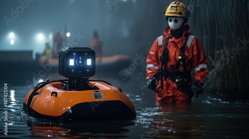 Wallpaper Mural AI-powered robots coordinating with emergency responders during flood rescues, using advanced sensors to guide boats and locate survivors Torontodigital.ca