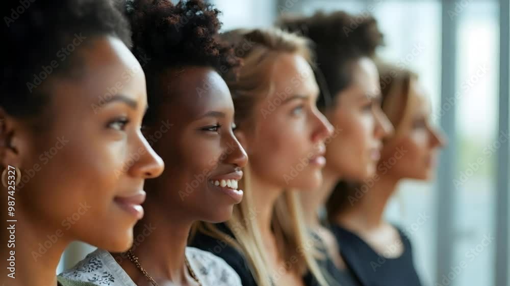 Five Women Standing in a Row Looking Out a Window Five Women Standing in a Row Looking Out a Window