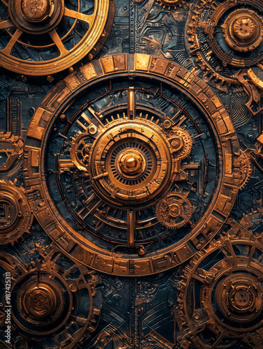A large, ornate clock face with many gears and numbers