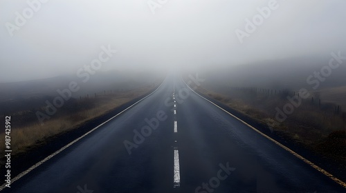 Misty road winding into the distance disappearing into the ethereal haze beckoning a solitary journey of discovery and contemplation photo