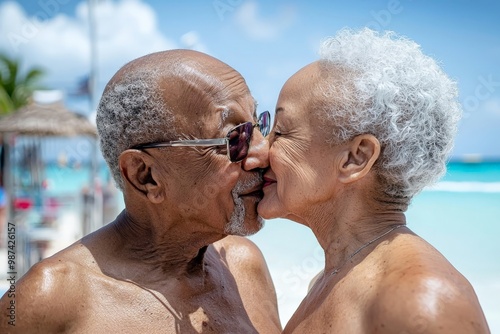 A close-up of an elderly couple in minimal attire, sharing an affectionate kiss, with happiness evident on their faces, set against the backdrop of a tropical beach photo