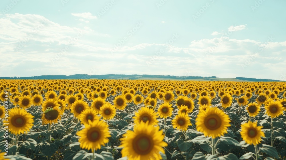 Obraz premium Wide shot of a sunflower field with the horizon line providing ample space at the bottom for text or product information.