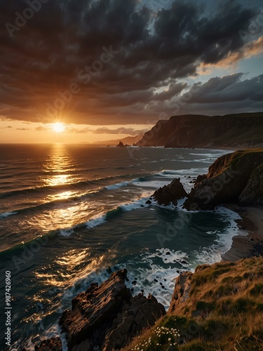 Stunning sunset over a rugged coastline, casting warm light.