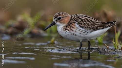 Beautiful mangrove bird, Spoon-billed sandpiper (Calidris pygmaea) who Critically Endangered status in Red list of IUCN in nature. photo