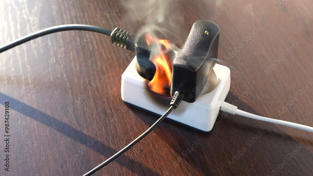 Electrical Short Circuit. Burning socket. Outlets, plug in fire. Short ...