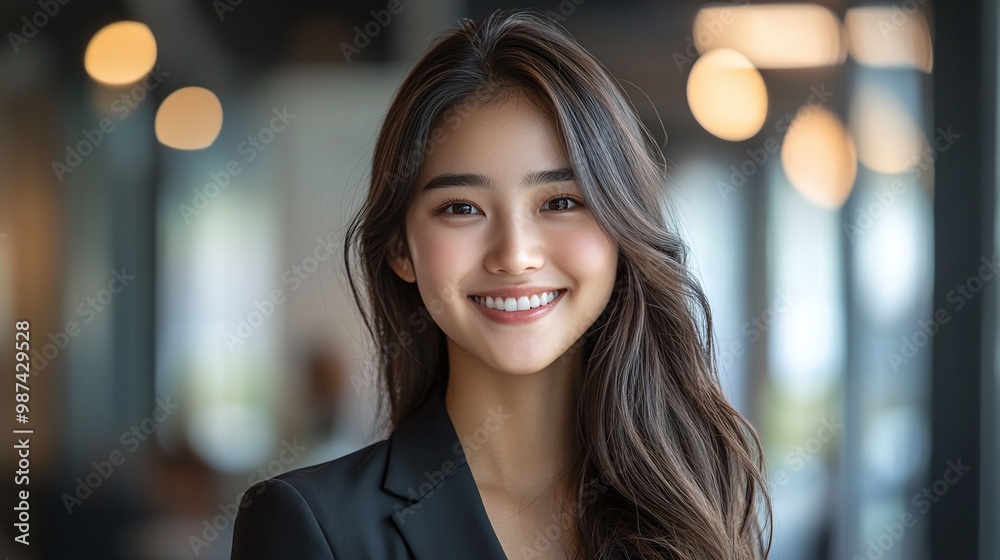 happy Asian woman in a formal black suit smiling in her workplace highlighting her professional demeanor and engagement in the office environment happy Asian woman in a formal black suit smiling in her workplace highlighting her professional demeanor and engagement in the office environment