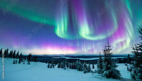 Magnificent scenery of aurora polaris at night, natural wonders with shining stars. photo