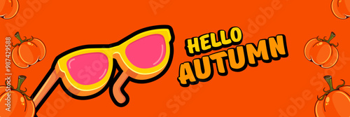 Super Hello Autumn vector banner with text and retro yellow sunglasses isolated on stripped background. Hello Autumn poster design template with cartoon sunglasses, retro rainbow, good vibes