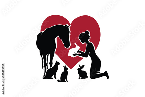 silhouettes of the animals and the person are in black with red heart vector illustration 