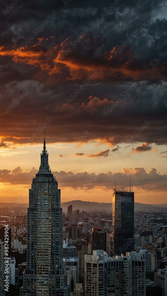 Sunset cityscape with skyscrapers against a dramatic sky. Sunset cityscape with skyscrapers against a dramatic sky.