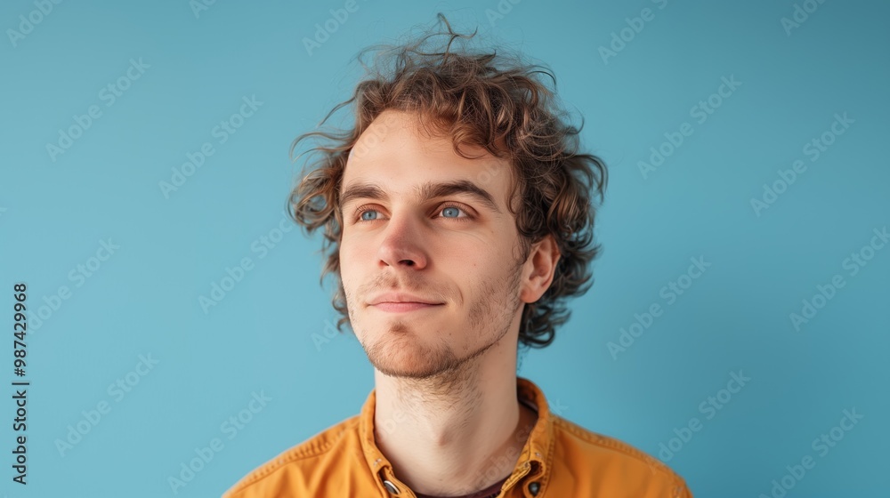 Obraz premium Thoughtful Young Man with Curly Hair in Yellow Shirt Against Blue Background