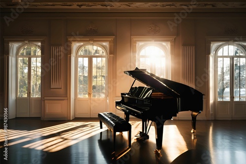 A dramatic image of a grand piano illuminated by a single spotlight in an otherwise dark room, Generative AI photo