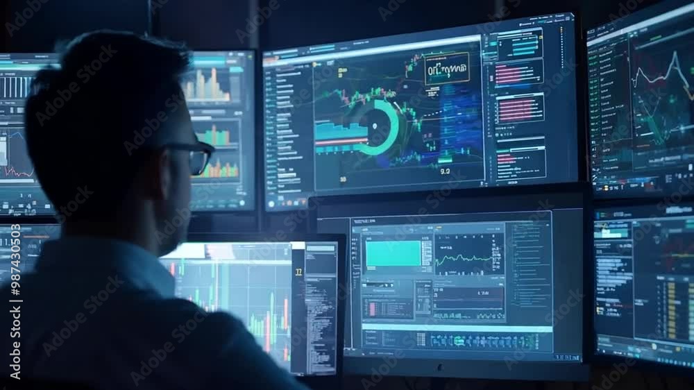 Man in Glasses Looking at Multiple Computer Monitors Displaying Financial Data and Charts Man in Glasses Looking at Multiple Computer Monitors Displaying Financial Data and Charts