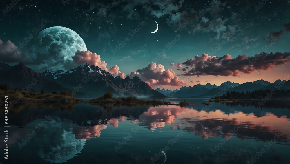Surreal scene with a moon, clouds, and mountains reflected in water. Surreal scene with a moon, clouds, and mountains reflected in water.