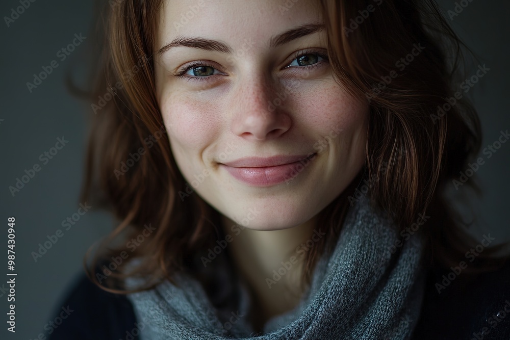 Close-up of smiling woman with freckles, neutral background Close-up of smiling woman with freckles, neutral background