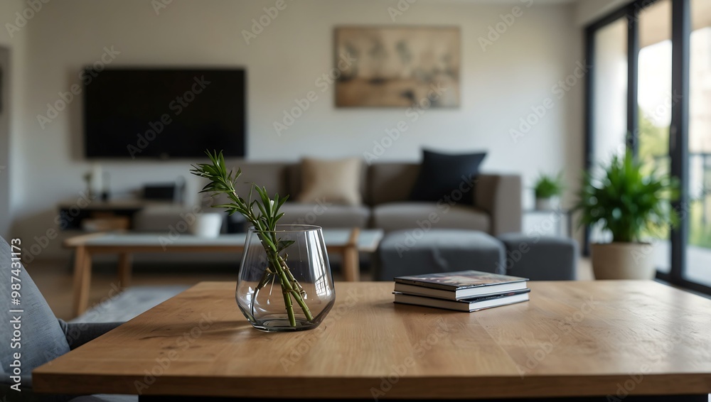 Table with copy space and a blurred modern living room view. Table with copy space and a blurred modern living room view.