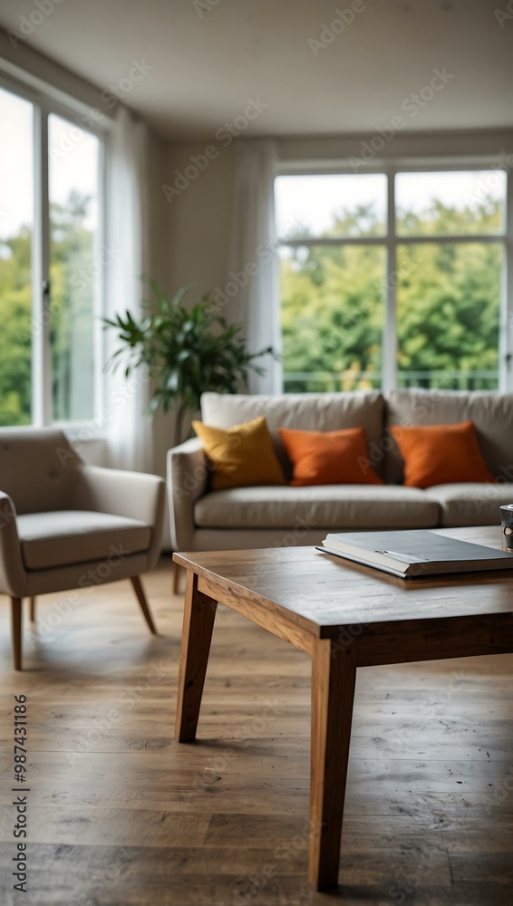 Table with copy space and blurred modern living room view. Table with copy space and blurred modern living room view.