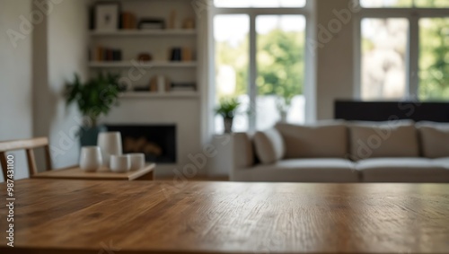 Table with copy space and a blurred modern living room background.
