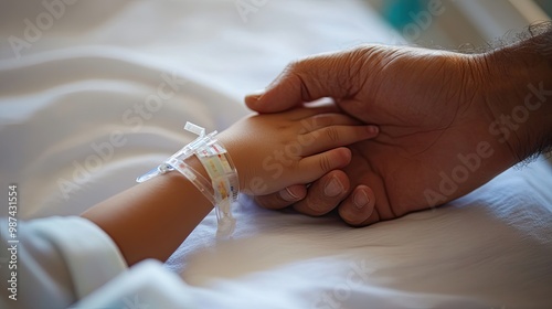 A tender moment of connection between an adult and a child in a hospital setting.