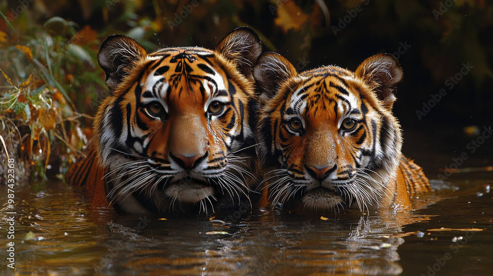 Two tigers, one adult and one cub, stare intently at the camera from the shallows of a river. Two tigers, one adult and one cub, stare intently at the camera from the shallows of a river.