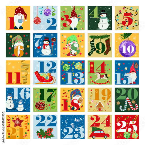 Christmas advent calendar with hand drawn elements. Christmas poster.